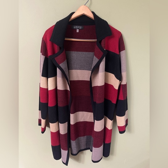 Kasper Sweaters - Kasper Womens Duster Size XL Cardigan Patchwork Collared Open Wool Acrylic Blend